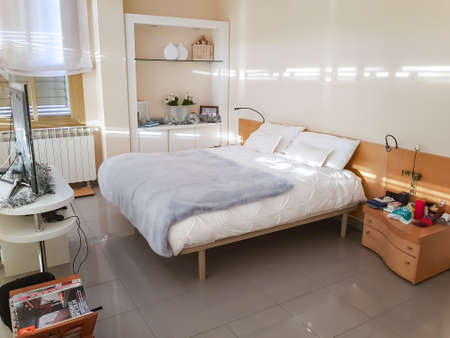 SPAIN, BARCELONA, JANUARY, 2019 - Master bedroom interior with natural daylight in a modern house, Barcelona. Spainのeditorial素材