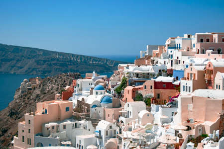 GREECE, SANTORINI, SEPTEMBER, 2012 - Fira town with white houses and narrow stone streets against the backdrop of the Aegean Seaのeditorial素材