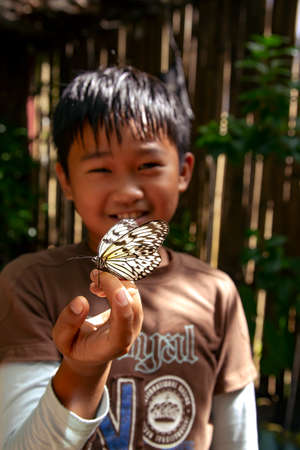 PHILIPPINES, PALAWAN, CORON ISLAND, DECEMBER, 2019 - Filipino young boy with a butterfly on his hand on Simply Butterflies Conservation Center on Bohol island, Philippinesのeditorial素材