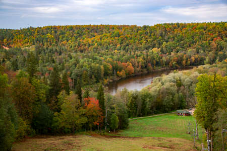 Autumn forests on the Gauja river valley in Sigulda, Latviaの写真素材