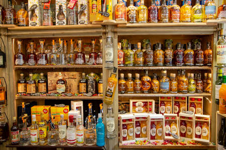 FRANCE, BORDEAUX, MAY, 19, 2019 - French boutique with a large selection elite of alcoholic beverages in the old city of Bordeaux, France.のeditorial素材