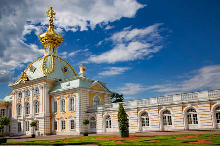 RUSSIA, ST.PETERSBURG, PETERHOF, JULY, 2016 - Home Church in Peterhof Big Palace on blue sky background in Petrodvorets, Saint Petersburg, Russiaのeditorial素材