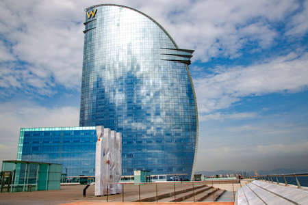 Spain, Barcelona, January, 2021: A view of the W Barcelona Hotel in Barcelona, Spain. Popularly known by locals as Hotel Vela, Sail Hotel in Catalan and Spanish, because of its sail shapeのeditorial素材