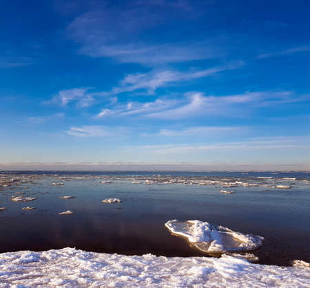 Panorama of winter Baltic Sea with snow and ice in Riga, Latvia. Baltics in winter.の写真素材