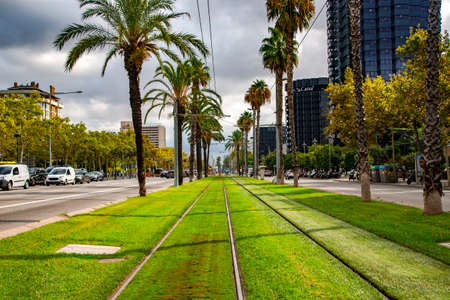 SPAIN, BARCELONA, SEPTEMBER, 2020: Green lawns of tram tracks on Diagonal Avenue in Barcelona, Catalonia, Spain.のeditorial素材