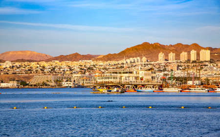 ISRAEL, EILAT, MARCH, 20, 2016 - Panorama of the Eilat city on the Red Sea coast, Israel. Eilat is a famous resort city on the red sea in Israelのeditorial素材