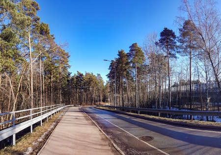 City road leading to the bridge surrounded by trees in Riga, Latviaの写真素材