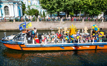 RUSSIA, SAINT PETERSBURG, APRIL, 2016 - Pleasure boat with passengers on the Griboyedov Canal on the day of the nautical celebration in St. Petersburg, Russiaのeditorial素材