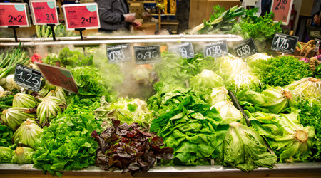 SPAIN, BARCELONA, MARCH, 2021 - Variety fresh greenery and vegetables irrigated with wet mist in...
