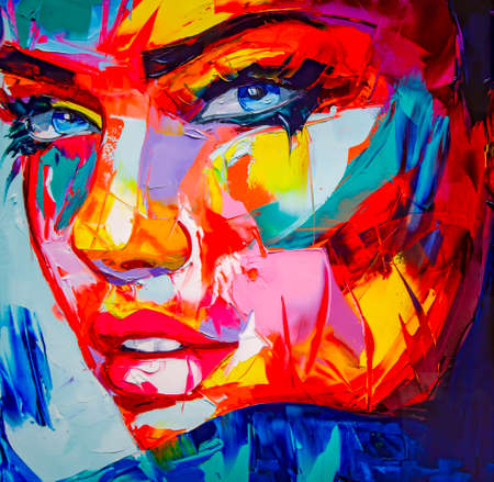 SPAIN, BARCELONA, MARCH, 2021 - Womans face with blue eyes close-up on canvas with multicolored acrylic paints in large strokes.のeditorial素材