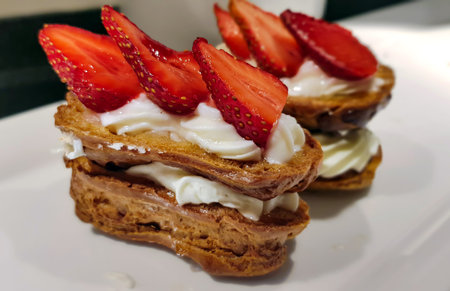 Whipped cream cake decorated with fresh strawberries wedges closeup. Cake decorated with fruits.