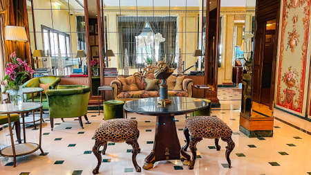 SWITZERLAND, GENEVA, AUGUST, 2021 - The luxurious interior of the Luxury Boutique Five star Hotel d`Angleterre in Geneva, Switzerland. Elegantly poised at the edge of Lake Leman, our beautiful boutiquのeditorial素材