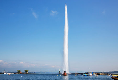 View of Jet Deau fountain or water Jet fountain, harbor and Geneva Lake. The most famous attraction...