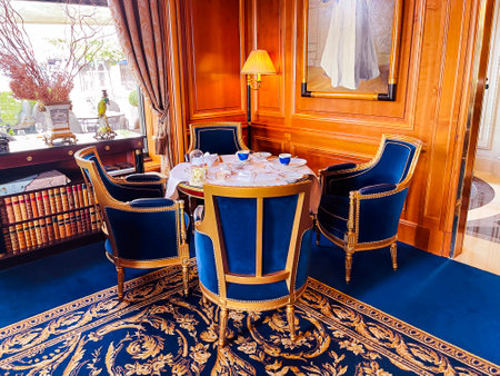 SWITZERLAND, GENEVA, AUGUST, 2021 - The luxurious interior of the Luxury Five star Four Seasons Hotel des Bergues in Geneva, Switzerland.のeditorial素材