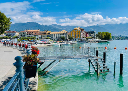 SWITZERLAND, VEVEY, AUGUST, 2021 - Beautiful promenade with modern architecture in Vevey, Vaud canton on the shores of Lake Geneva, Switzerlandのeditorial素材