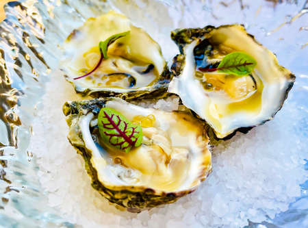 Fresh three oyster shells with caviar on ice. Healthy sea food. Fresh oyster dinner in restaurant. Gourmet food.の写真素材