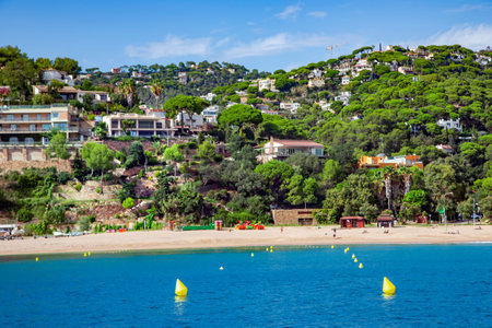 Spain, Catalonia, Lloret de Mar, September, 2021 - Beautiful wild rocks with coniferous trees on Mediterranean coast in Tossa de Mar located in popular Costa Brava, Catalonia, Spain.のeditorial素材