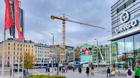 Latvia, Riga, October, 2021 - Panoramic view of Riga Central Train Station square with Origo shopping mall in Riga, Latviaのeditorial素材