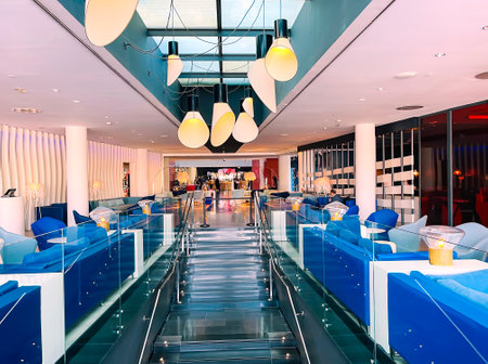 SPAIN, BARCELONA, SEPTEMBER, 2021 - Modern european restaurant and bar interior in W Hotel or Hotel Vela in Barcelona, Catalonia, Spainのeditorial素材