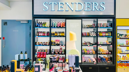 Latvia, Riga, July, 2021 - Shelves with popular cosmetics Stenders produced in Latvia in the shopping mall in Riga, Latvia.のeditorial素材