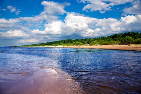 LATVIA, RIGA, JULY, 2021 - People are resting on the wild sandy coast of Baltic Sea with a beautiful pine forest in Vecaki, Riga, Latvia.のeditorial素材