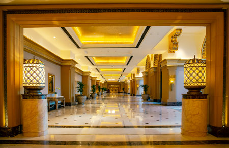 UAE, DUBAI, NOVEMBER, 2021: Emirates Palace luxurious golden interior in Abu Dhabi, capital of...