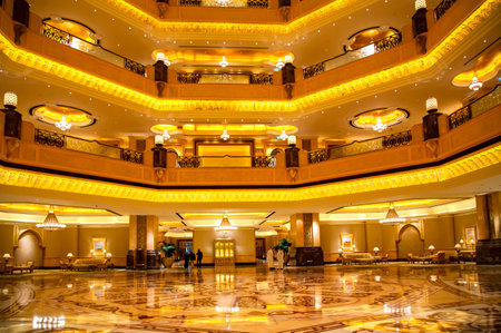 UAE, DUBAI, NOVEMBER, 2021: Emirates Palace luxurious golden interior in Abu Dhabi, capital of United Arab Emirates. This luxurious hotel blends Arabian splendor with the latest technology.のeditorial素材