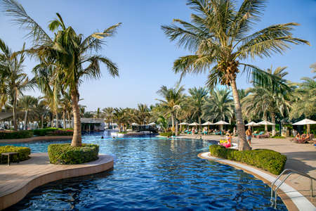 UAE, RAS AL KHAIMAH, NOVEMBER, 2021 - Waldorf Astoria 5 star luxury hotel with swimming pools and beautiful gardens in Ras al Khaimah, United Arab Emiratesのeditorial素材