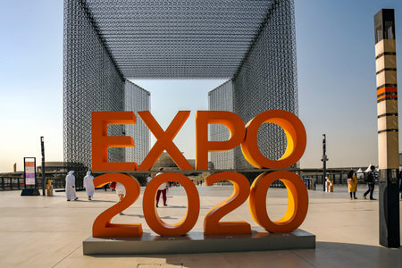 UAE, DUBAI, NOVEMBER, 2021: Expo 2020 sign in orange color at the entrance to Expo 2020 site...