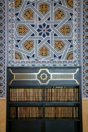 UAE, DUBAI, NOVEMBER, 2021 - Zellige arabic mosaic of handwork on the wall Al Farooq Omar Bin Al...
