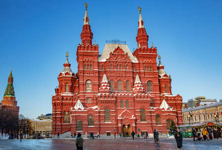 RUSSIA, MOSCOW, DECEMBER, 2021 - Architecture of State Historical museum on Red Square, Moscow. An old building of the 19th century with red brick towers, built in the years 1874-1883のeditorial素材