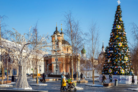 RUSSIA, MOSCOW, JANUARY, 2022 - Beautifully decorated Christmas and New Year tree in Zaryadye park. Report from the streets of the center of Moscow. Happy new years concept.のeditorial素材