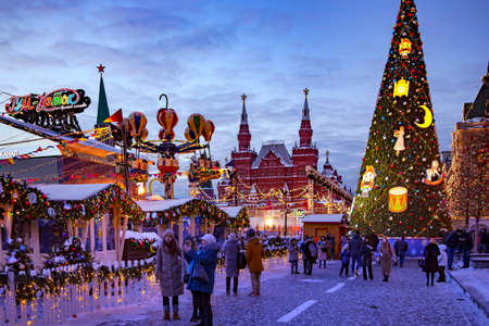 RUSSIA, MOSCOW, JANUARY, 2022 - Night panorama of Red square and State Historic Museum with Christmas and New Year decorations and Festive illumination in Moscow, Russiaのeditorial素材