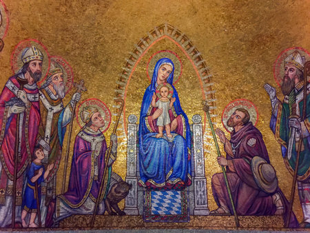 LATVIA, RIGA, SEPTEMBER, 2022: Byzantine golden mosaic of the Virgin Mary in a christian church. Mosaic  intended to give the sanctuary a theological spiritual and religious meaninのeditorial素材