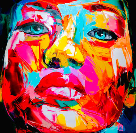 SPAIN, BARCELONA, MARCH, 2021 - Womans face with blue eyes close-up on canvas with multicolored acrylic paints in large strokes.のeditorial素材
