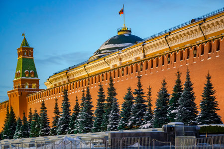 View of Kremlin wall, Senate and Senate tower to Red Square in Moscow, Russia. This place is famous...