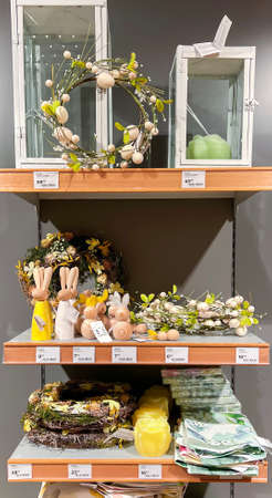 LATVIA, RIGA, MARCH, 2022 - A variety of Easter goods in the trading floor of the supermarket in Riga, Latviaのeditorial素材