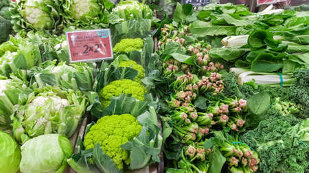 La Boqueria market with vegetables and fruits in Barcelona, Spain. La Boqueria market, Europes largest and most famous food markets, Barcelona, Spain. Healthy food conceptの写真素材