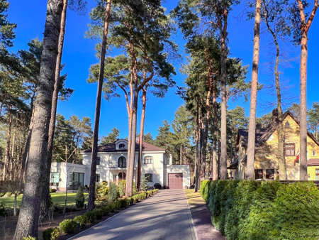LATVIA, RIGA, APRIL, 2022 - Private residence with a large green lawn in a beautiful garden surrounded by tall pines in Mezaparks, Riga, Latviaのeditorial素材