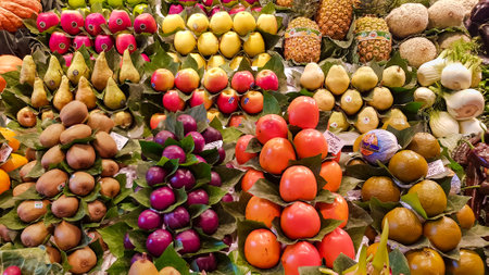 SPAIN, BARCELONA, MARCH, 2022 - La Boqueria market with vegetables and fruits in Barcelona. Spain. La Boqueria market, Europe's largest and most famous food markets, Barcelona, Spain.のeditorial素材
