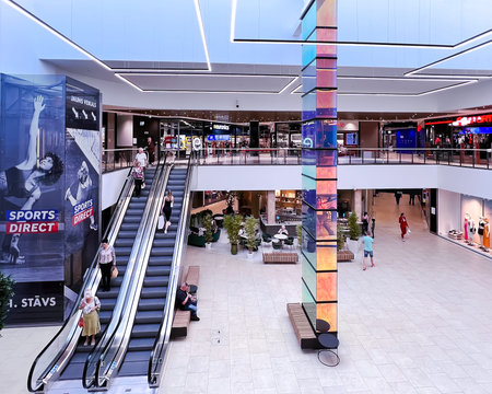LATVIA, RIGA, JUNE, 2022 - Modern interior in Alfa shopping mall on Brivibas street at Riga, Latvia.
