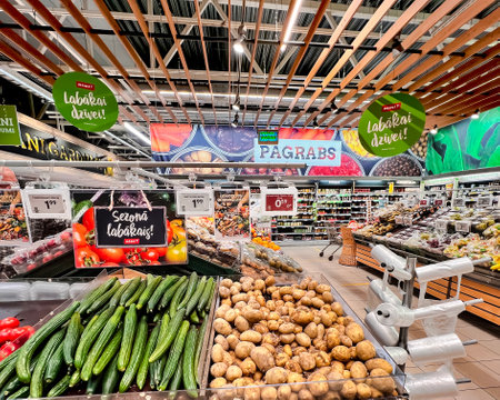 LATVIA, RIGA, JUNE, 2022: Interior of a large vegetable section with new potatoes and fresh cucumbers of the new harvest in RIMI supermarket, Riga. Latviaのeditorial素材