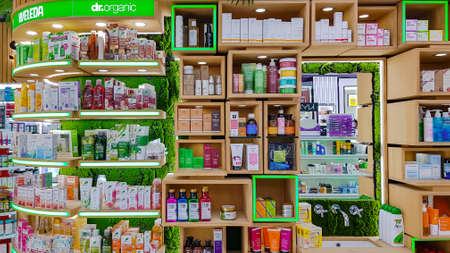 SPAIN, BARCELONA, MARCH, 2022: Modern interior cosmetics store with a variety of organic cosmetics in Barcelona, Spain. Shop concept interior.のeditorial素材