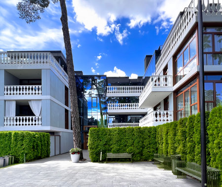 LATVIA, JURMALA, JULY, 2022: Modern complex of villas Legend on the quiet streets of Bulduri, Jurmala district, Latvia. Jurmala - famous international Baltic resort in Latvia, Euroのeditorial素材