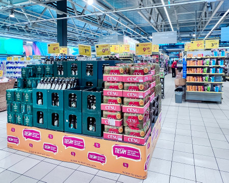 LATVIA, RIGA, JULY, 2022: Pallets in the sales area with beer from Latvian producers in the RIMI hypermarket in Riga, Latvia. retail industry. Grocery shopping. food quality.のeditorial素材