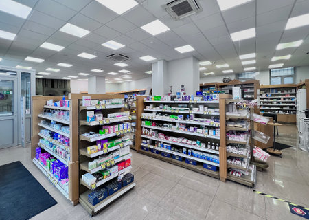 LATVIA, RIGA, JULY, 2022: Modern pharmacy shop interior with medicines vitamins supplement and over the counter healthcare product for healthy on shelves in Riga, Latviaのeditorial素材