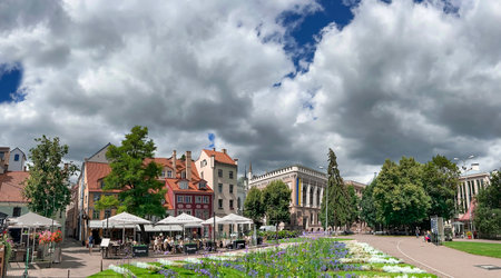 LATVIA, RIGA, JULY, 2022 - Ancient gothic architecture with beautiful landscaping and renaissance and baroque houses in the Livu Square of the Old Town of Riga, capital of Latviaのeditorial素材