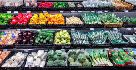 LATVIA, RIGA, JULY, 2022 - Interior of a large vegetable section with fresh vegetables of the new harvest in Stockmann shopping mall, Riga. Latviaのeditorial素材