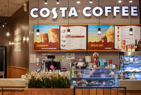 Latvia, Riga, August, 2022 - Modern interior of Costa Coffee cafe in shopping mall, Riga, Latvia. Second largest coffeehouse chain in the worldのeditorial素材
