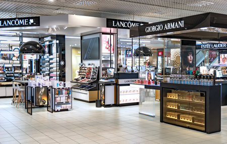 LATVIA, RIGA, JULY, 2022 - Beautiful modern perfume and cosmetic boutique interior with make-up table in Stockmann shopping mall, Riga. Latviaのeditorial素材